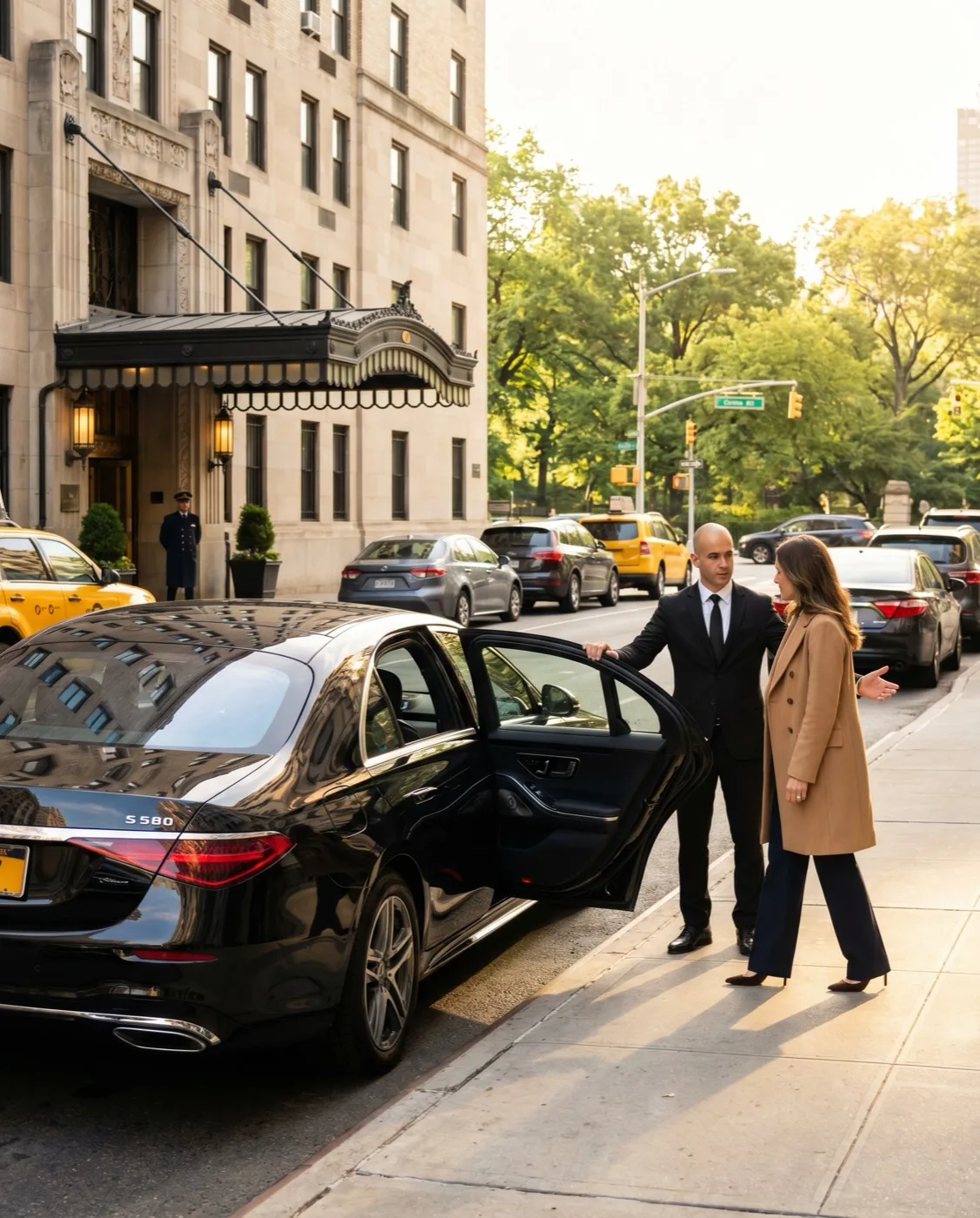 Chauffeur in cap assisting an elegant passenger from a black Mercedes S 580 at a Central Park South hotel entrance