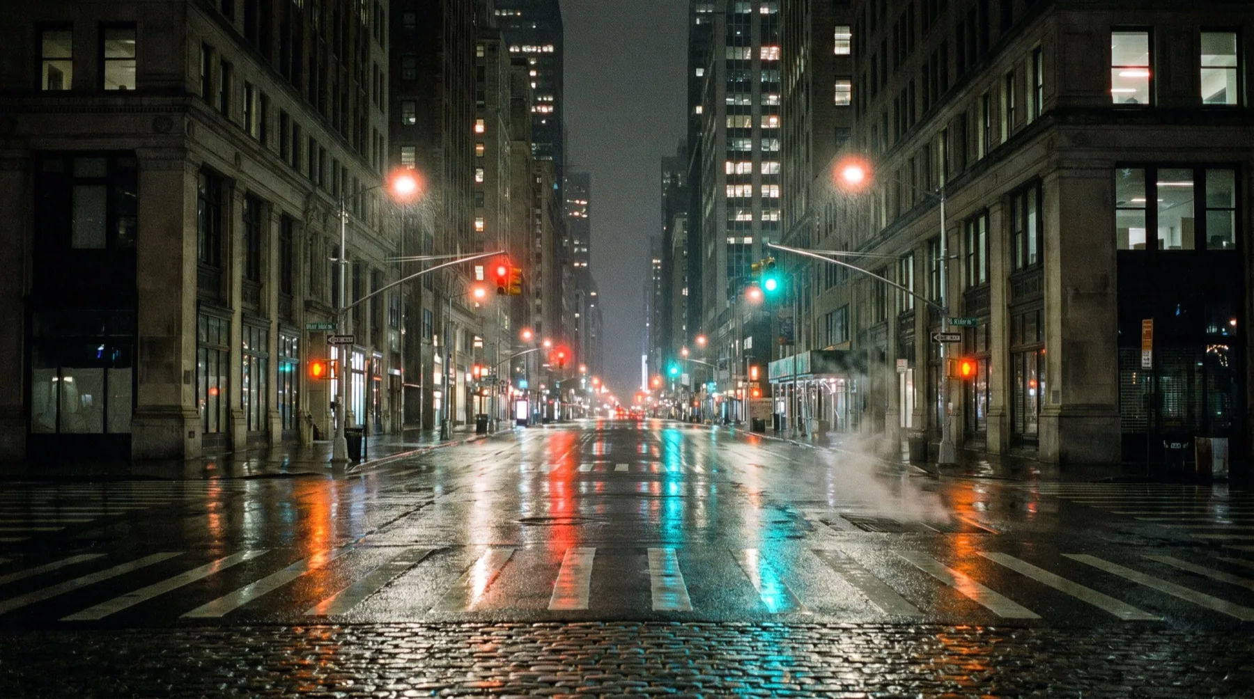 Rain-slicked Manhattan avenue at night