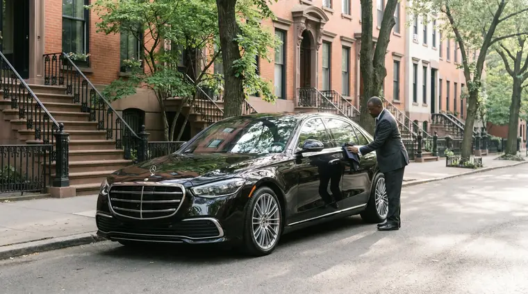 A black Mercedes-Benz S-Class waiting on a tree-lined brownstone street with its chauffeur beside it