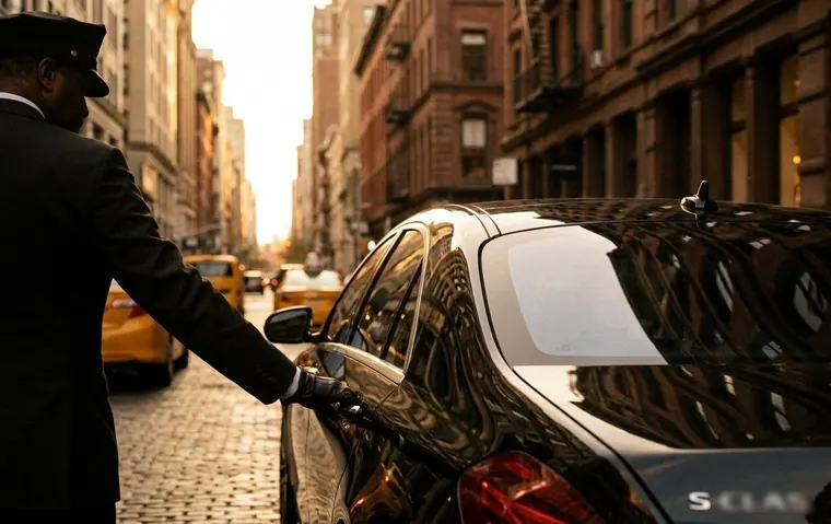 A uniformed chauffeur opening the rear door of a black Mercedes-Benz S-Class on a cobbled Manhattan street
