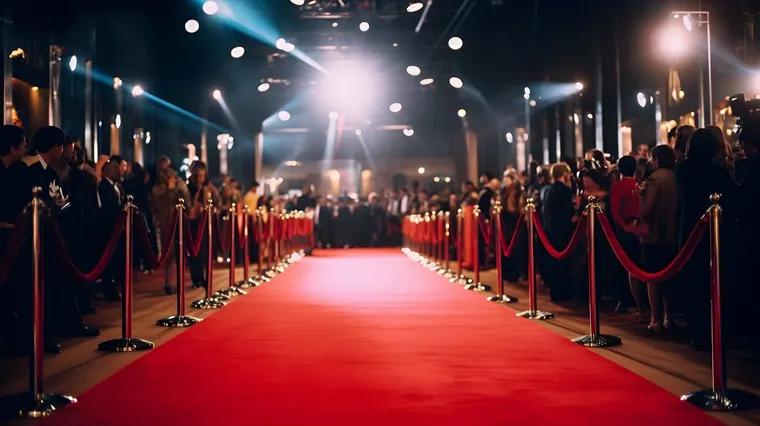 A red carpet lined with velvet ropes and photographers under bright lights