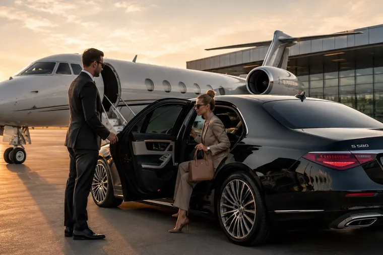 A chauffeur greeting travellers beside a black sedan at the steps of a private jet