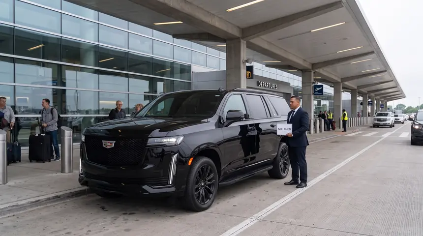 A black Cadillac Escalade waiting at an airport terminal kerb with its chauffeur alongside