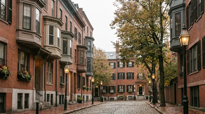 A quiet brick townhouse street on Beacon Hill in Boston