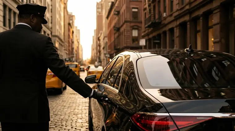 A uniformed chauffeur beside a black car on a Manhattan street at sunset, yellow cabs behind