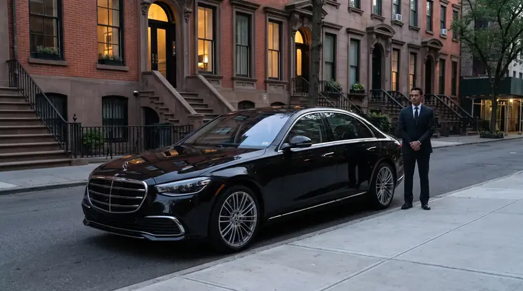 A chauffeur waiting beside a black Mercedes-Benz S-Class outside a row of brownstones at dusk