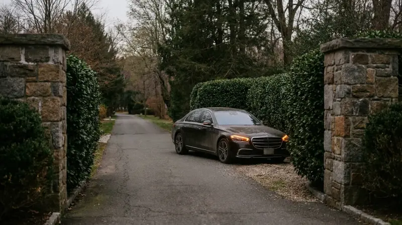 A black sedan on a leafy private drive between stone gateposts in Greenwich