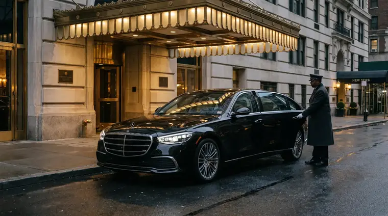 A black Mercedes-Benz S-Class waiting under the awning of a grand hotel entrance
