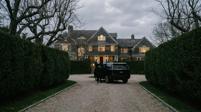 A dark SUV on a gravel drive between clipped hedges at a shingled East End estate