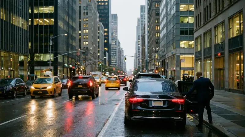 A black sedan on a wet Manhattan avenue at dusk, yellow cabs and lit storefronts around it