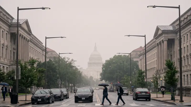 Pennsylvania Avenue in the rain, looking towards the United States Capitol