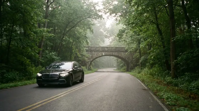 A dark sedan on a wooded Westchester parkway passing beneath a stone arch bridge