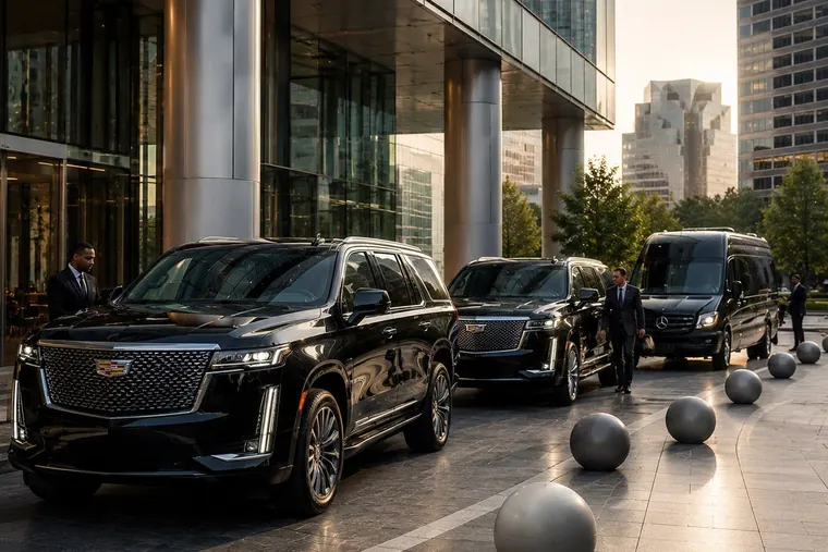 Three black Cadillac Escalades lined up outside a glass office building