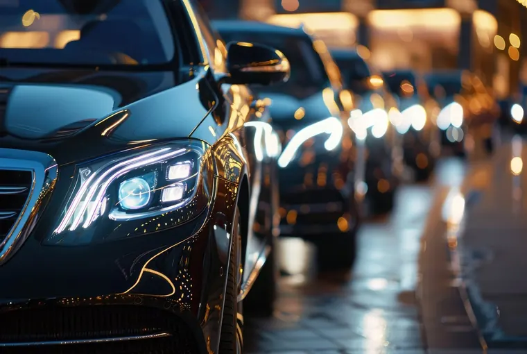 Black sedans queued on a wet city street at night, headlights and neon reflecting off the road