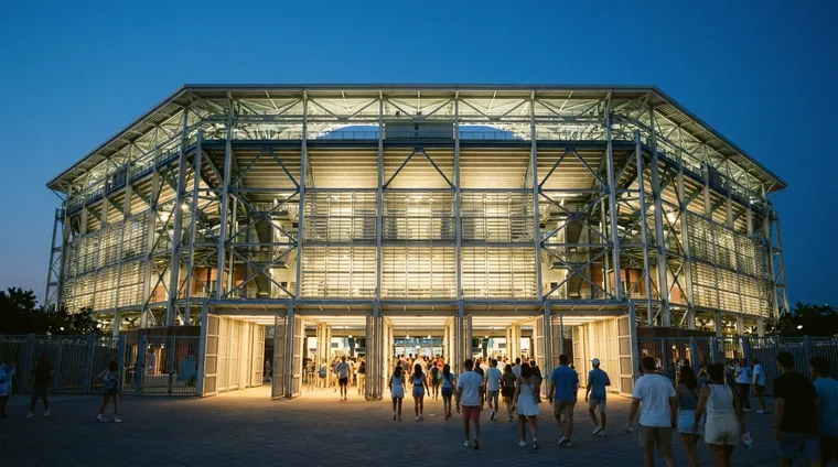 A crowd arriving at a glass-fronted arena lit from within at night
