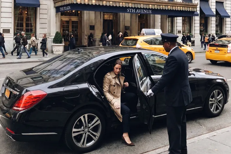 A chauffeur holding the door as a passenger steps from a black Mercedes-Benz outside a hotel